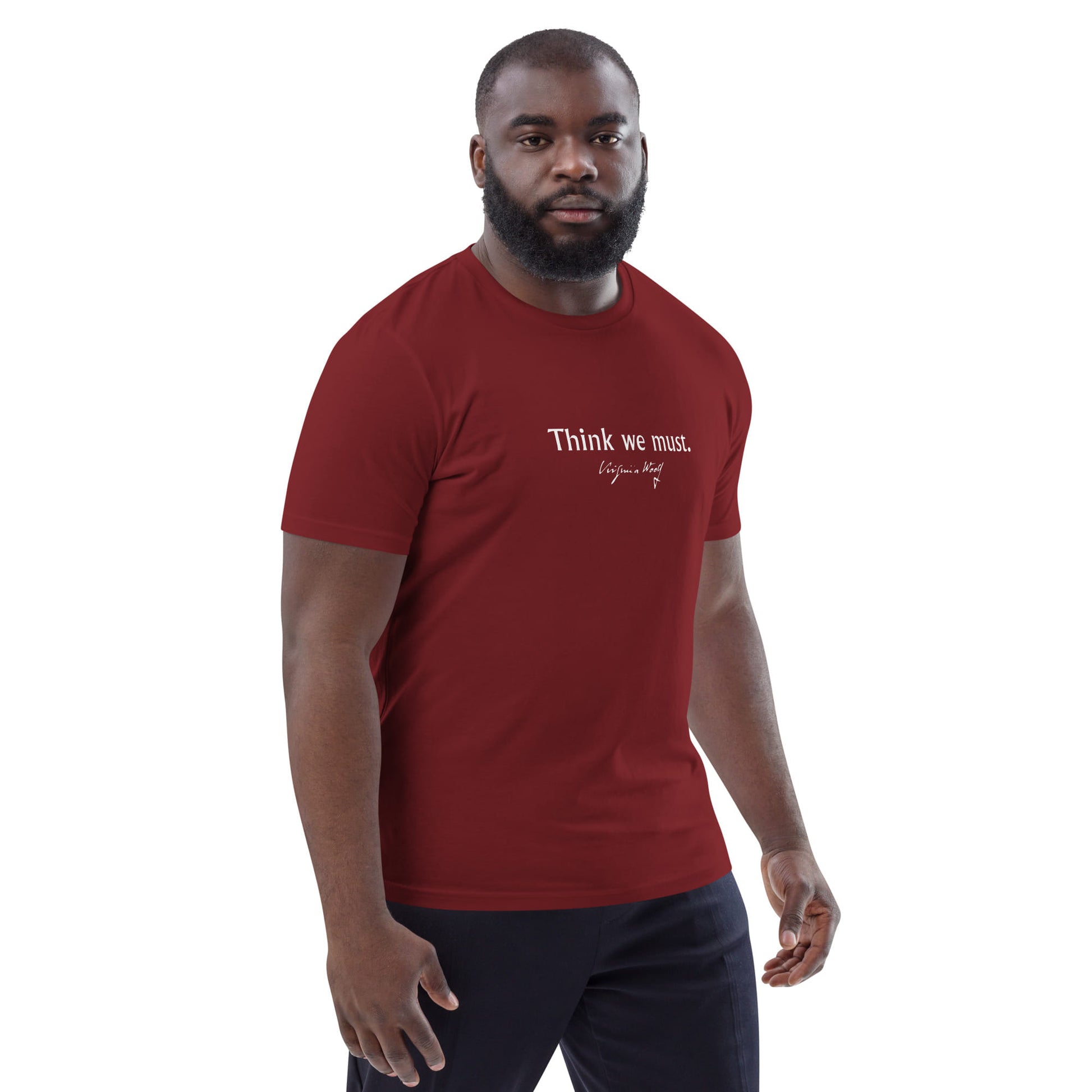 Three Guineas quote t-shirt 'Think we must' Virginia Woolf, burgundy portrait