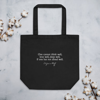 Virginia Woolf funny quote bag 'One cannot think well, love well, sleep well, if one has not dined well', black mockup