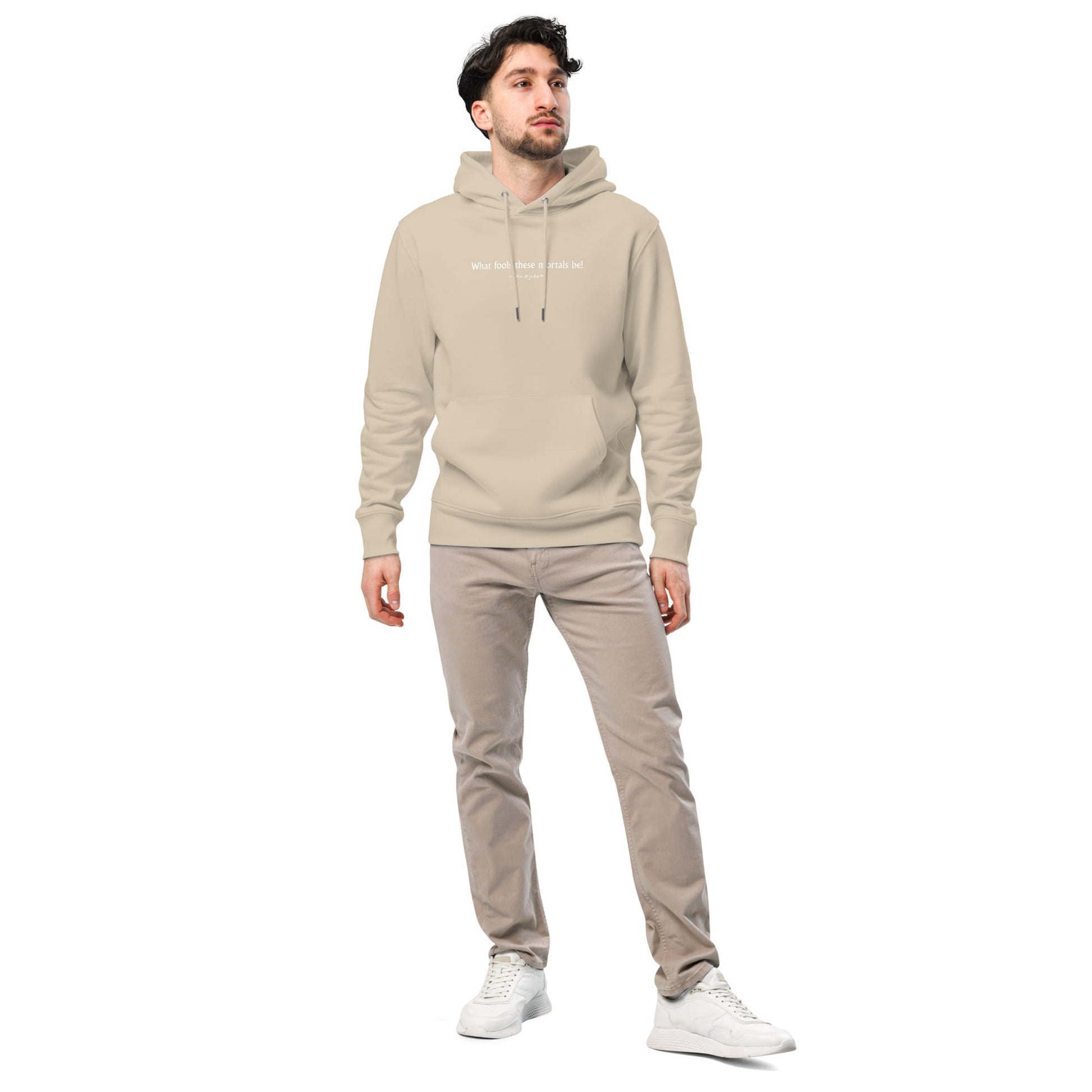 Midsummer Night's Dream quote hoodie 'What fools these mortals be' William Shakespeare, beige model view