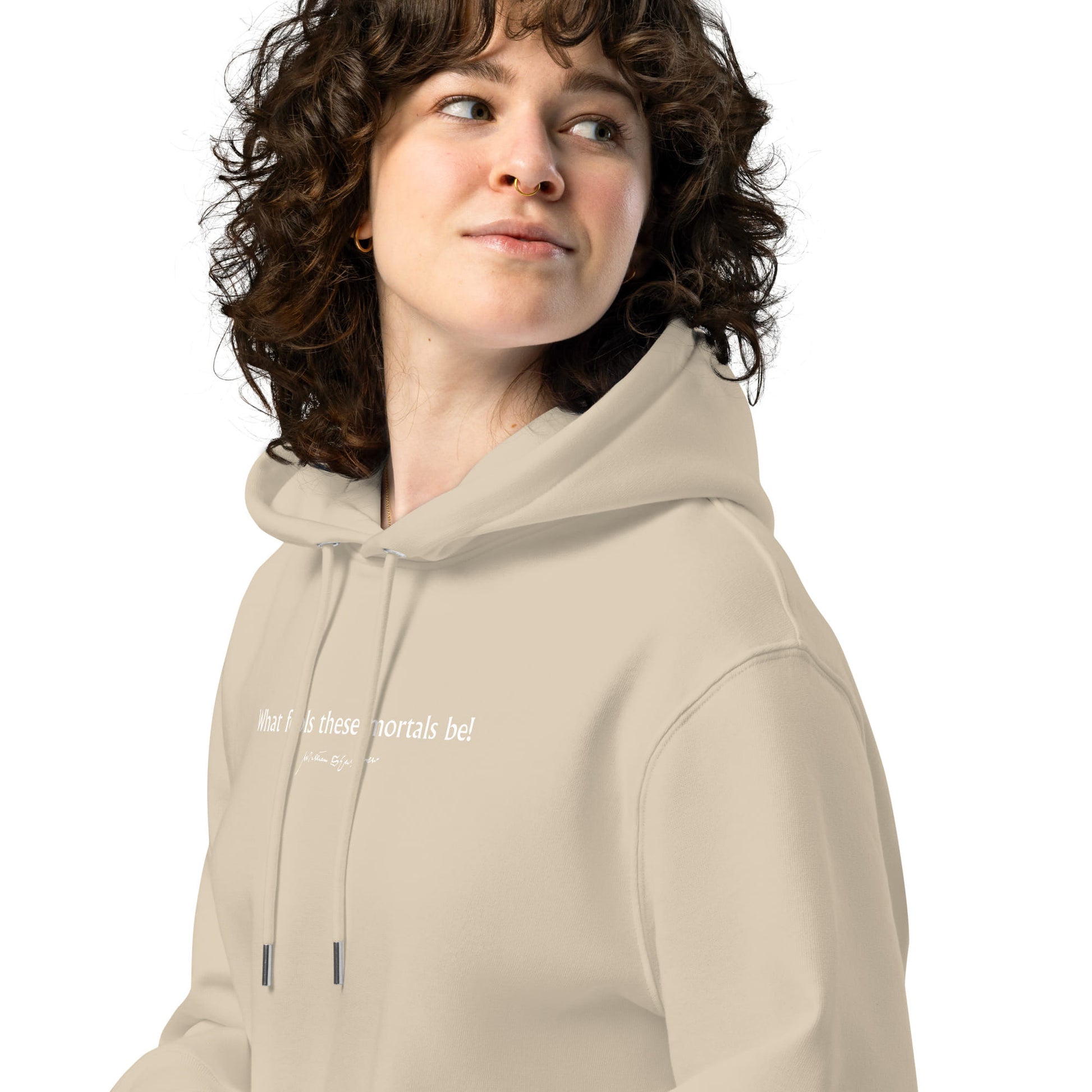 Midsummer Night's Dream quote hoodie 'What fools these mortals be' William Shakespeare, beige model detail