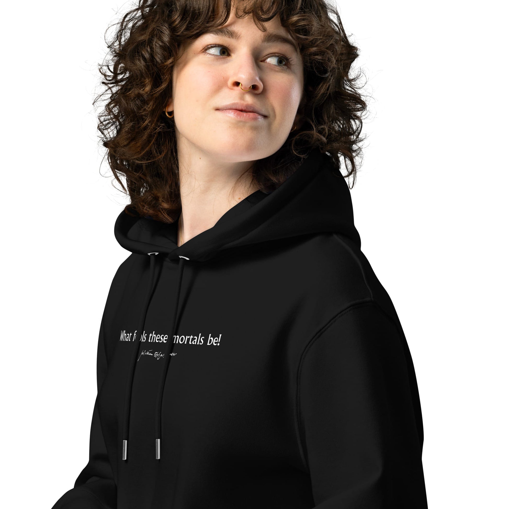 Midsummer Night's Dream quote hoodie 'What fools these mortals be' William Shakespeare, black model detail