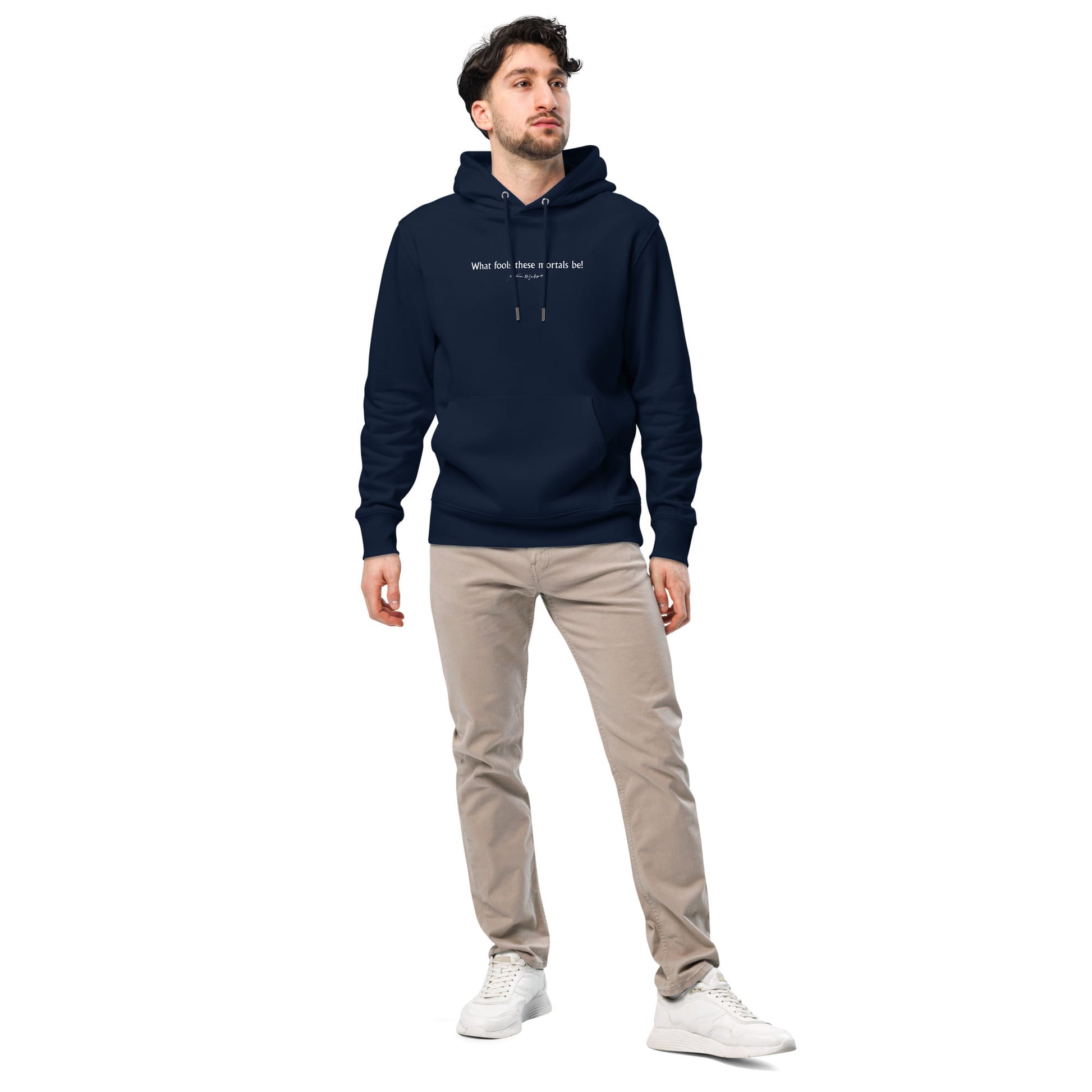 Midsummer Night's Dream quote hoodie 'What fools these mortals be' William Shakespeare, navy model view