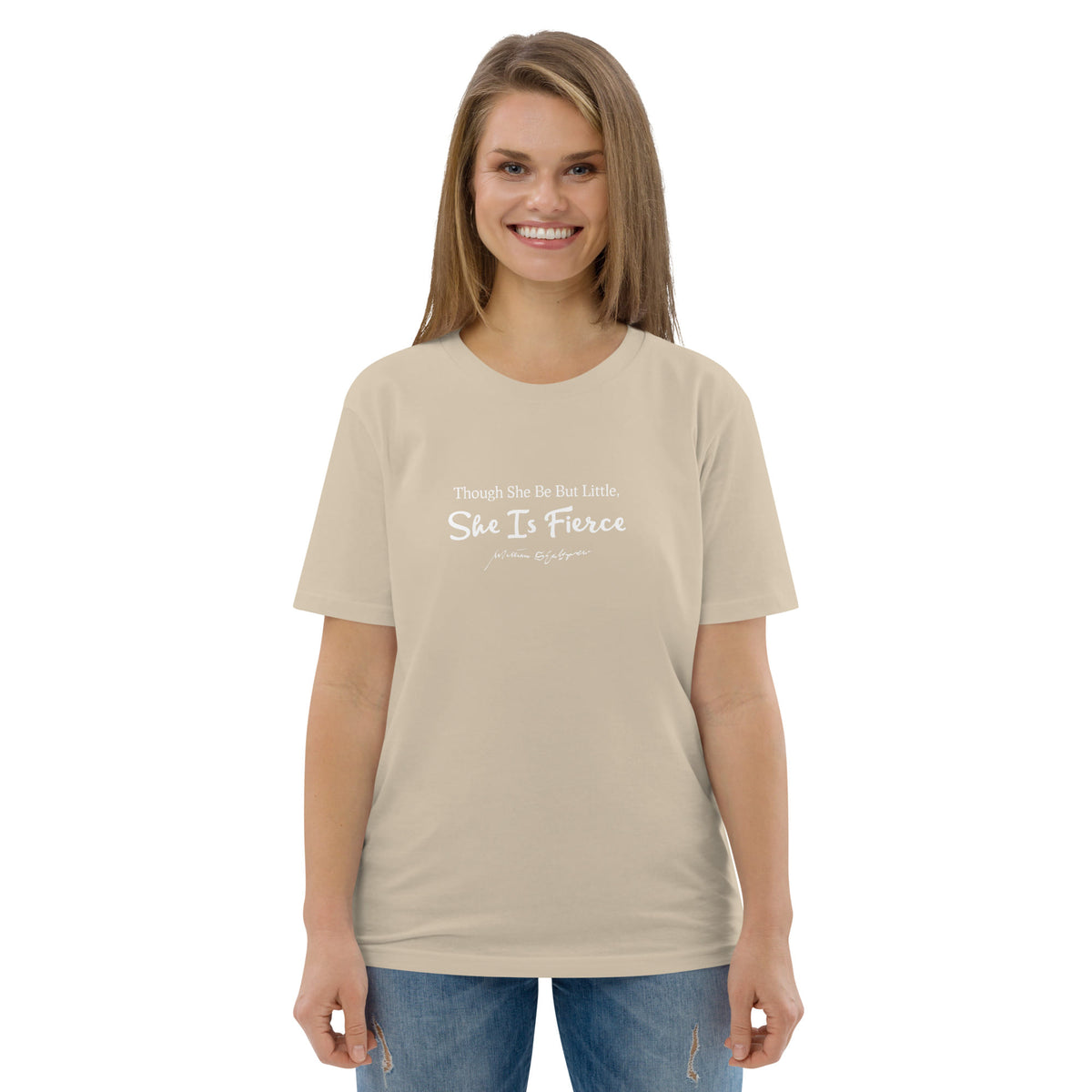 Shakespeare merchandise T-shirt 'Though She Be But Littlle She Is Fierce' A Midsummer Night's Dream, beige portrait
