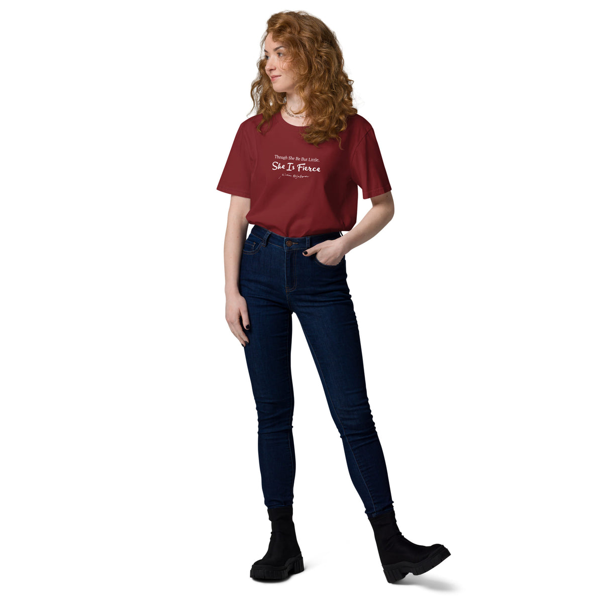 Shakespeare merchandise T-shirt 'Though She Be But Littlle She Is Fierce' A Midsummer Night's Dream, burgundy model