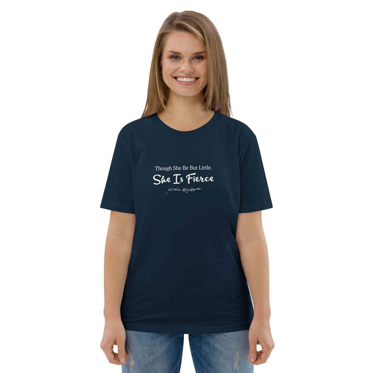 Shakespeare merchandise T-shirt 'Though She Be But Littlle She Is Fierce' A Midsummer Night's Dream, navy portrait