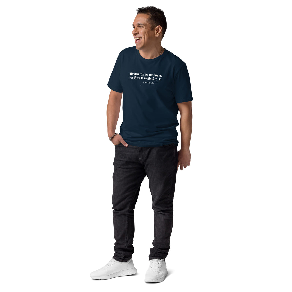 Shakespeare merchandise T-shirt 'Though this be madness, yet there is method in 'it' Hamlet, navy model